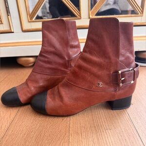 CHANEL Chestnut Ankle Boots with Black Toe